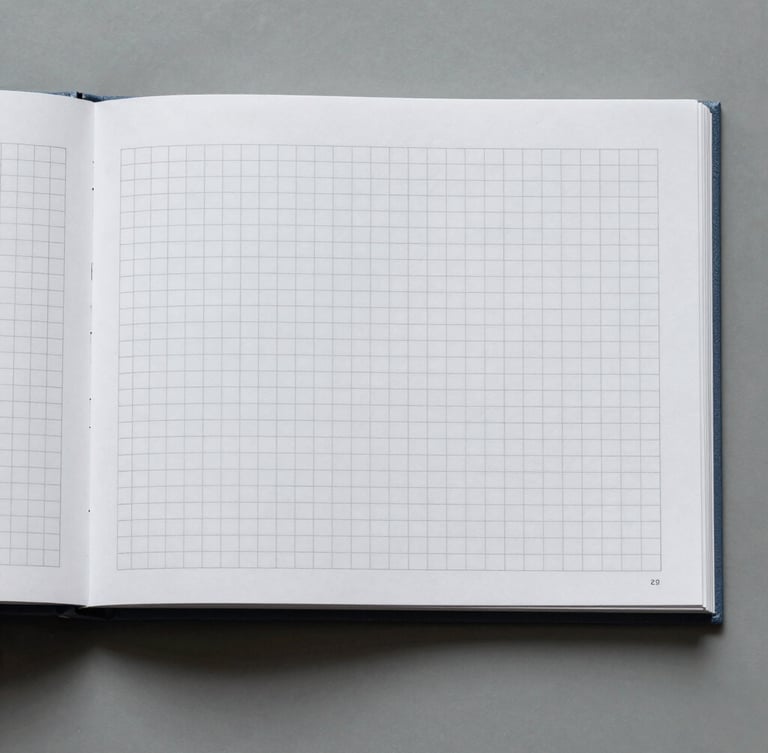 Straight-on orthographic projection of a highly structured brand guideline book on a cool gray surface, sharp technical grid lines visible, flat studio lighting.