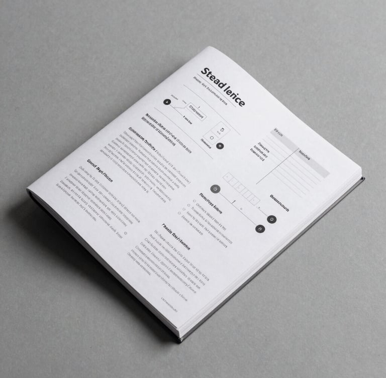 Straight-on orthographic projection of a highly structured brand guideline book on a matte gray surface, sharp high-contrast shadows, clean technical layout.