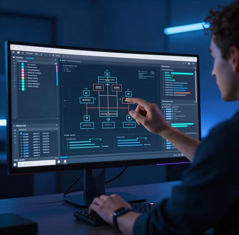Sleek tech photography of a developer analyzing system architecture diagrams on a curved monitor, cool ambient studio lighting, deep blues, neon accents, 35mm