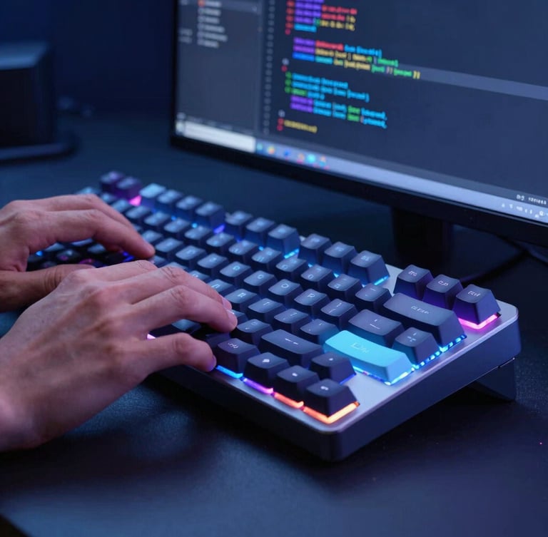 Sleek tech photography, cool ambient studio lighting, deep blues and neon accents, sharp focus, 35mm. Tight macro shot of hands typing on a mechanical keyboard, a clean code editor visible in the background showing complex system configurations.