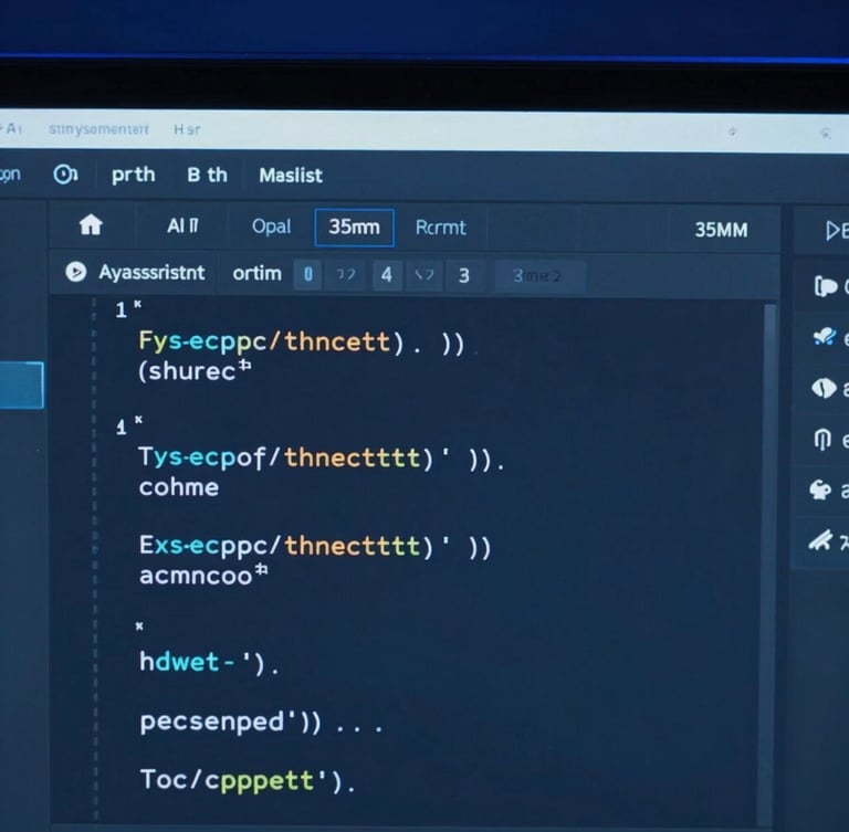 Macro close-up of a modern IDE screen displaying clean TypeScript code with an open AI assistant panel, neon blue ambient lighting, sharp focus, 35mm