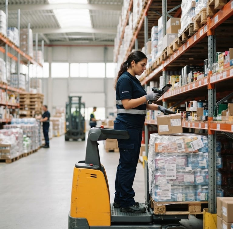 Professional worker in a modern warehouse, focused on a task, natural daylight, clean uniform, medium shot, unposed