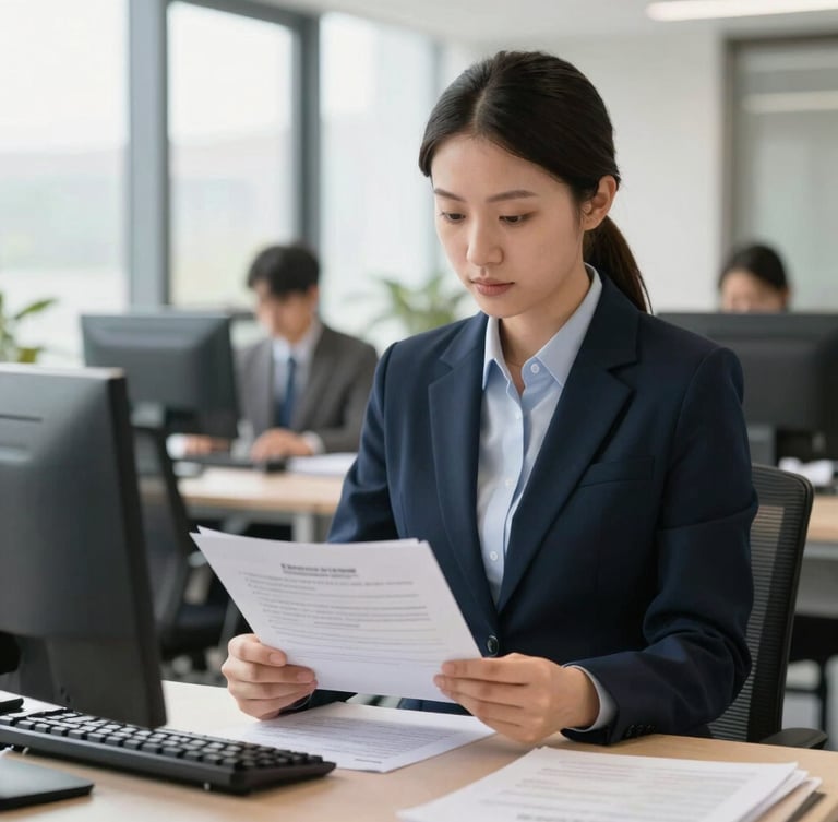 Professional recruitment officer in a modern office, reviewing documents with a focus on compliance, natural daylight, structured corporate portrait.