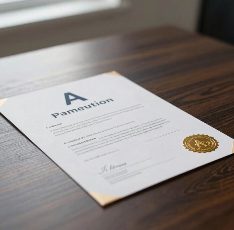A close-up shot of an elegant physical certification document with clean geometric typography and a gold foil seal, resting on a minimalist dark oak desk, soft natural morning light coming from the side
