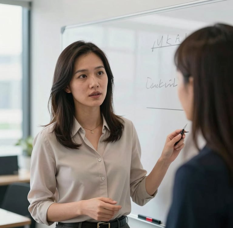 Medium close-up of an engaged professional woman presenting on a whiteboard in a modern Jakarta office, bright natural daylight, high clarity.