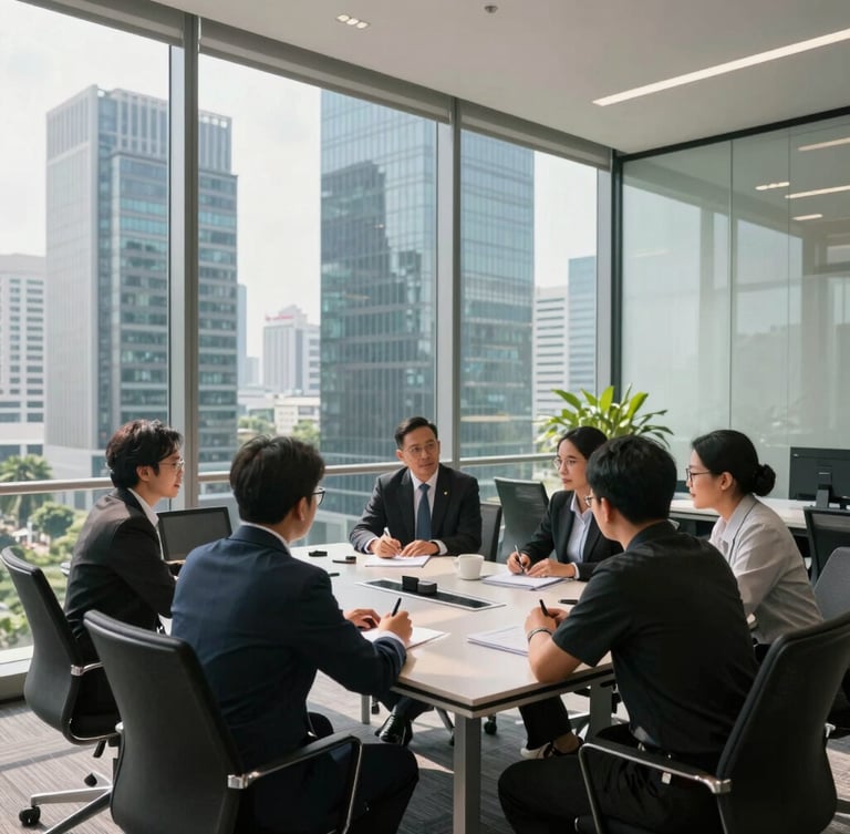 Wide environmental shot of a modern high-rise corporate training room in Jakarta, bright natural daylight, professional team collaborating around a sleek table, high clarity.