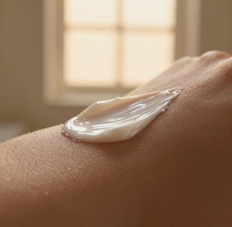 Macro photography of real unretouched skin texture beside a rich cream texture, warm diffused golden-hour window light, 35mm.