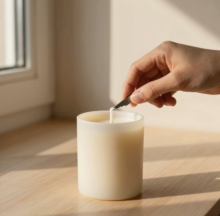 Hands carefully trimming a cotton wick on a textured cream wax candle, soft warm shadows, minimalist wooden background, 35mm photography