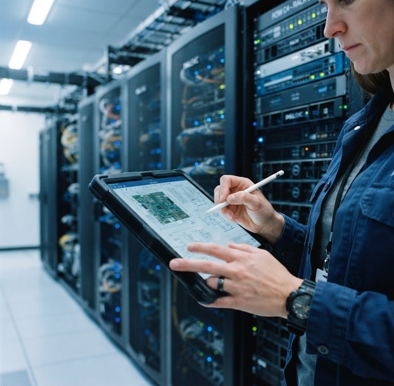 An engineer reviewing schematics on a tablet, with a large, clean server rack in the background, under cool industrial lighting. Sharp focus on the engineer's hands and the screen.