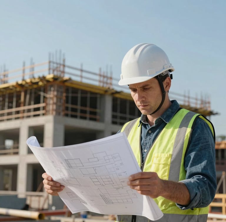 Engineer in a hardhat reviewing blueprints on a construction site with a modern building frame in the background, industrial editorial photography, crisp daylight, cool blue and amber tones, sharp focus, technical detail, 35mm lens