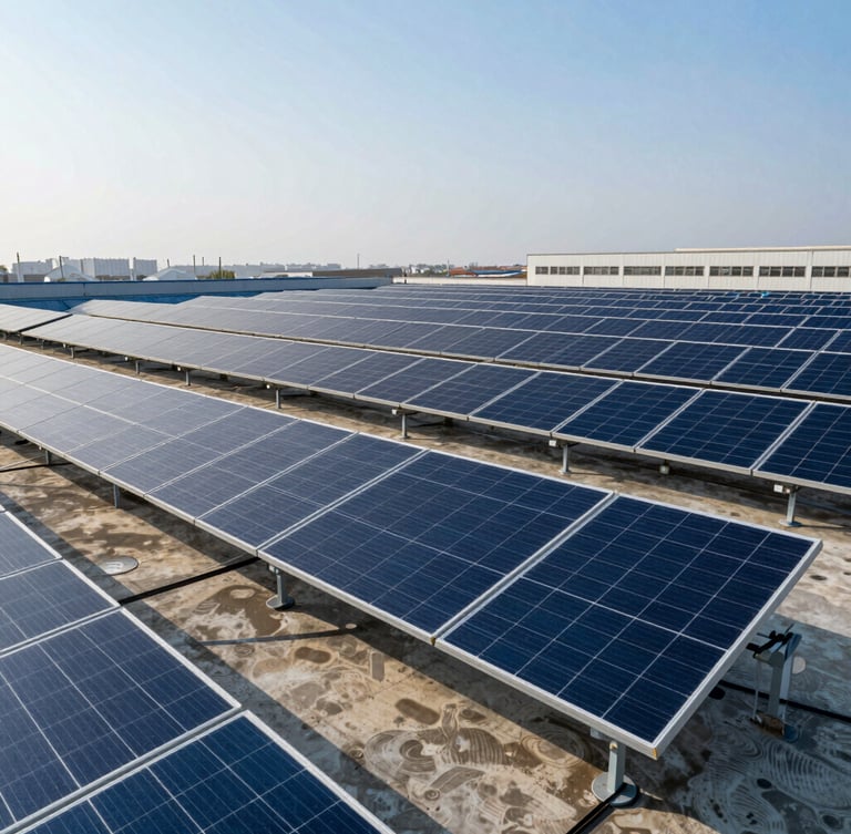 Wide shot of a large-scale commercial solar panel installation on a rooftop under crisp daylight, cool blue tones, sharp focus, industrial editorial photography