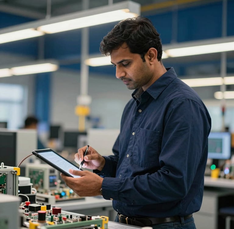 An Indian plant manager reviewing blueprints on a tablet on a clean, modern electronics assembly floor, warm overhead lights, navy blue industrial background, 35mm lens