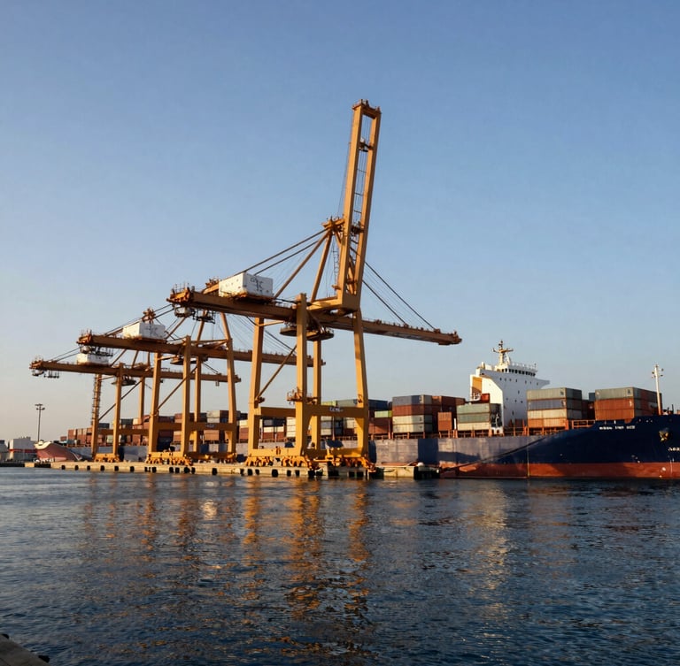 Wide angle shot of Nhava Sheva port terminal at dawn, massive golden container cranes reflecting on the water, deep navy container ships, sharp editorial corporate photography.