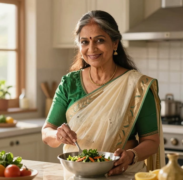 Medium environmental shot of Asha, an elegant Indian woman in her 60s, demonstrating a healthy recipe in a bright kitchen, natural golden-hour light, smiling, warm and trustworthy atmosphere.