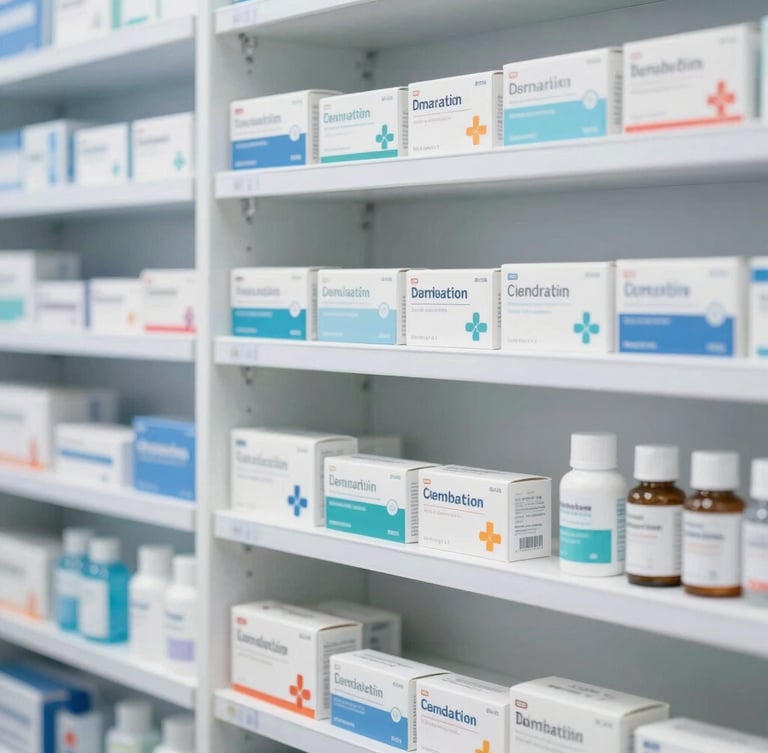 Clean, modern pharmacy shelves with neatly arranged certified medication boxes and personal care products, soft clinical lighting, shallow depth of field, bright blue and white tones.