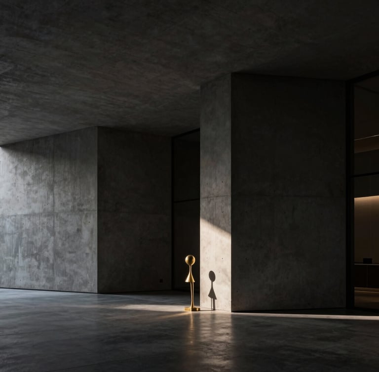 Architectural shot of a modern minimalist concrete office lobby with deep shadows and a single beam of golden light hitting a brass sculpture, editorial photography, 35mm lens.
