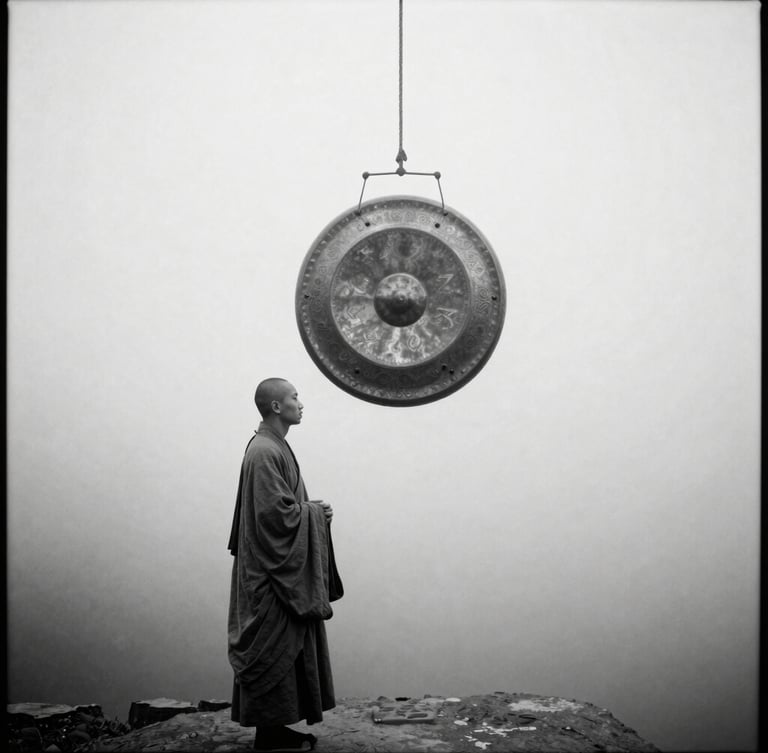 A solitary Zen monk standing in mist, a large bronze gong suspended in mid-air beside him with no visible support, high-contrast monochrome photography, 35mm