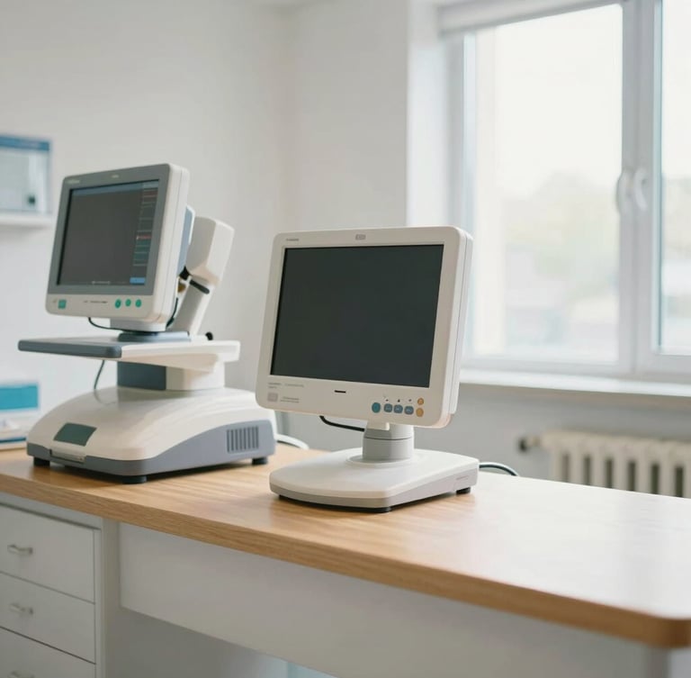 A bright, clean veterinary surgery room with high-tech diagnostic monitors and a warm wood counter, soft natural light coming through a window, professional and sterile but inviting, shallow depth of field