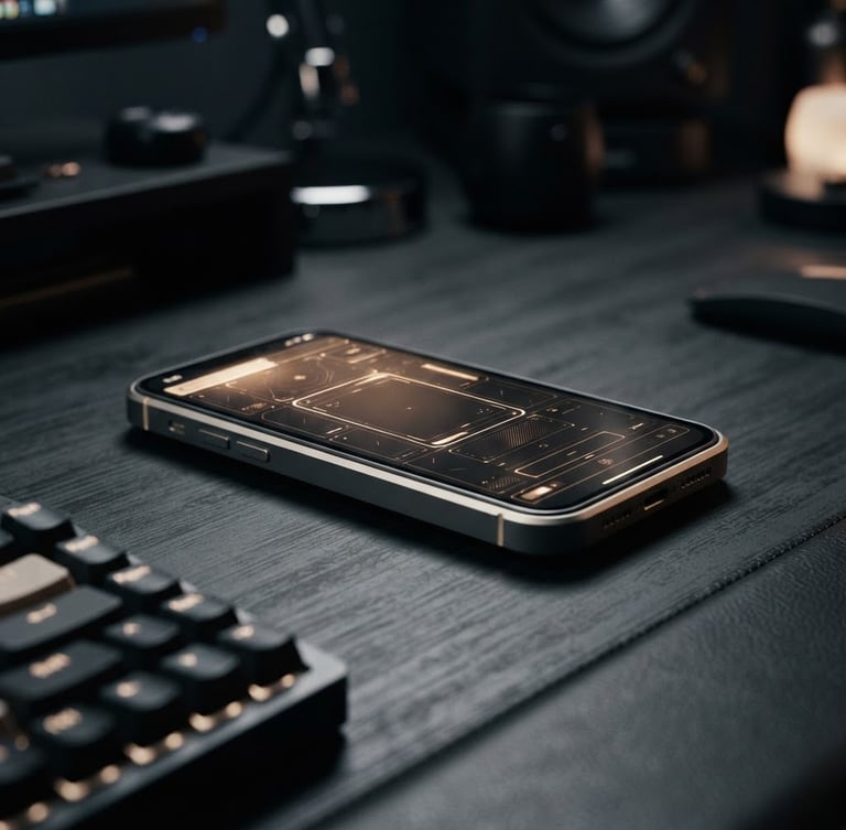 Macro shot of a sleek modern workspace, low-key dramatic studio lighting, deep charcoal and champagne gold tones, sharp focus on a premium device displaying a flawless layout, 35mm
