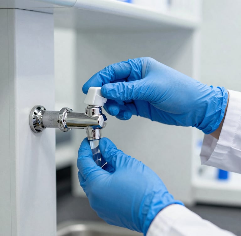 Close-up of a technician hands in blue sterile gloves taking a water sample from a stainless steel tap, bright daylight, clinical laboratory setting, sharp focus