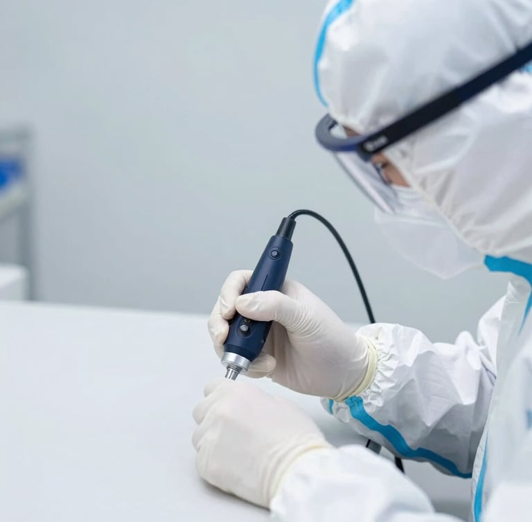 Close-up of a professional technician in clean white protective gear using a precise digital sensor near a pristine surface, clinical neutral daylight, high-key lighting