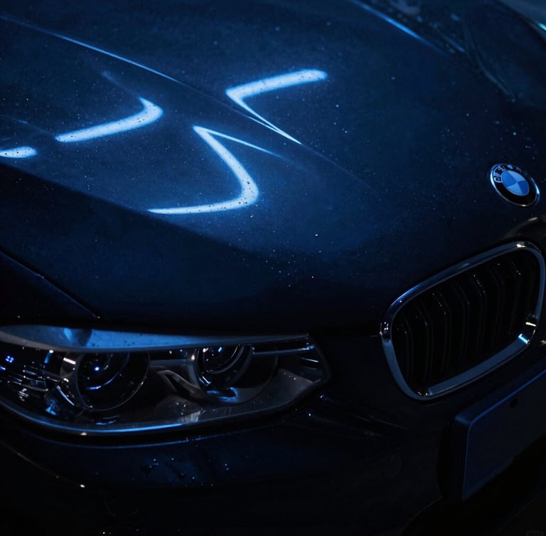 Extreme close-up of a freshly polished black BMW hood reflecting sharp blue neon lights, wet-look finish, dramatic low-key lighting, deep shadows, 35mm lens