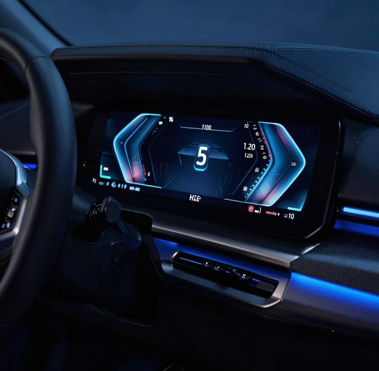 Close-up of a glowing BMW digital instrument cluster in a dark cabin, sharp electric blue ambient lighting, high-tech dashboard display, sleek automotive photography