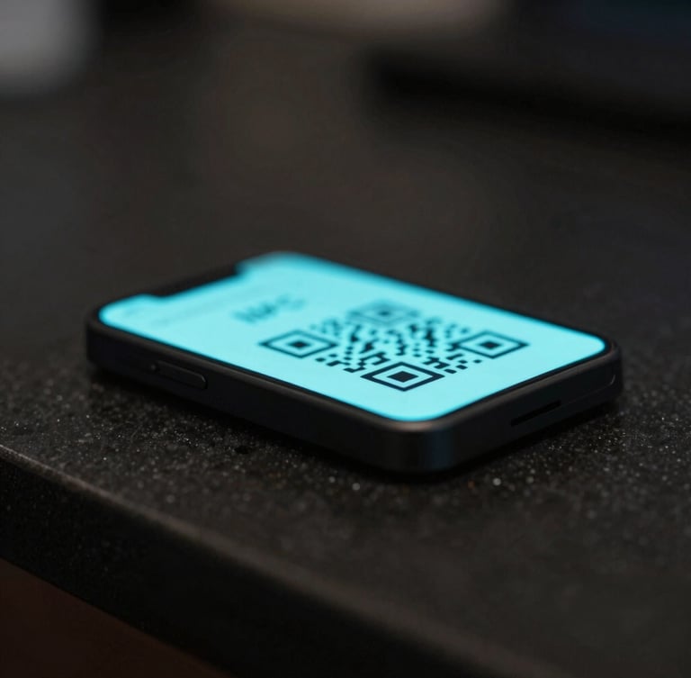 Close-up macro shot of a sleek NFC countertop stand on a dark polished counter, subtle cyan ambient glow emanating from the card surface, shallow depth of field, moody directional lighting from the left, no barcodes or QR codes visible anywhere on the stand