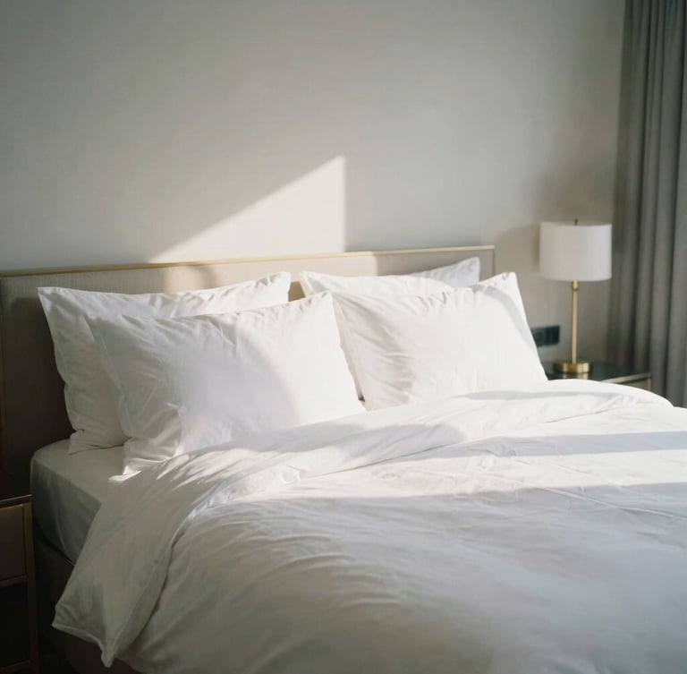 Pristine white pressed linens on a grand king-size bed in a sunlit luxury hotel suite, minimalist architectural window shadows, editorial photography, 35mm