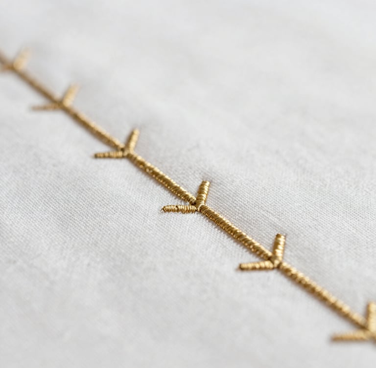 Extreme close-up of gold-embossed embroidery on pristine white linen, macro photography, shallow depth of field, soft natural light