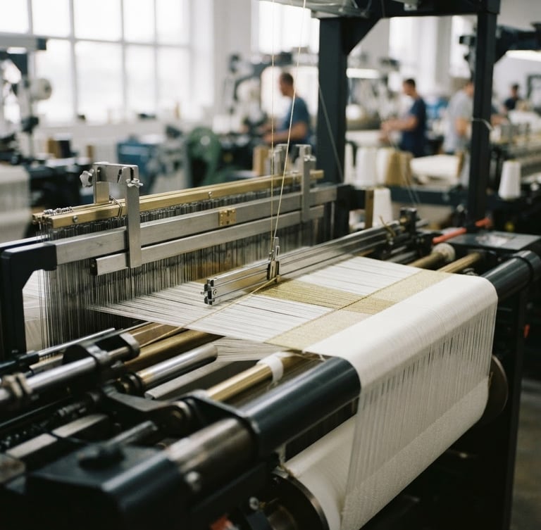 Industrial modern textile weaving loom machine, precise mechanical movement, soft natural light reflecting on crisp white threads, luxury factory setting, 35mm photography