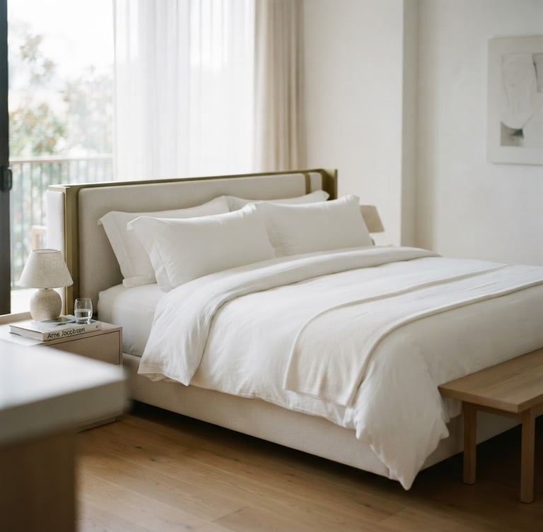 Minimalist luxury hotel suite with crisp white linens, soft morning daylight, shallow depth of field, high-end editorial photography style