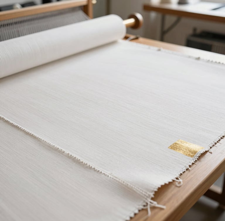 A modern textile designer examining a fabric sample under natural light, high-end weaving studio environment, professional, 35mm