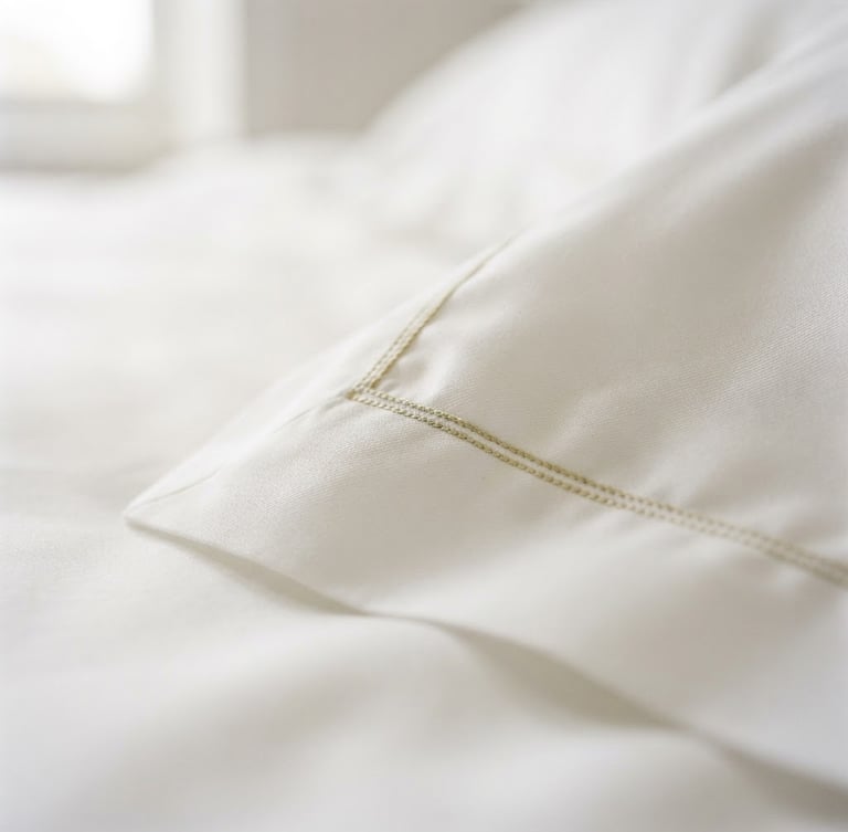 Editorial luxury photography, extreme close-up of crisp white 500 TC cotton bed linen, soft natural daylight, shallow depth of field, minimalist elegant setting