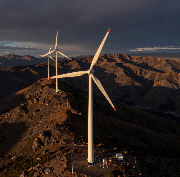 Fotografía aérea de alta resolución de una central eólica en la cordillera andina, luz dramática de atardecer, relieve montañoso texturizado y vasto espacio negativo.