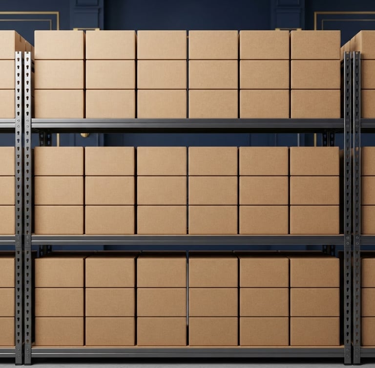 Crisp straight-on product photography of neatly stacked cardboard shipping boxes on clean metal warehouse shelves, bright studio lighting, deep navy background accents, professional commercial style.