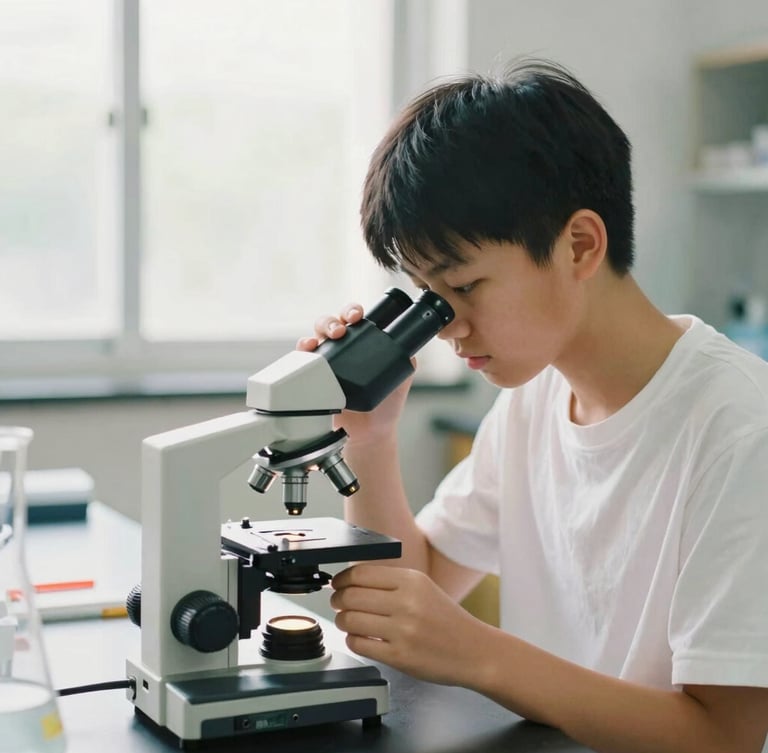A medium shot of a high school student in a bright science lab, carefully adjusting a microscope under soft natural window light, shallow depth of field