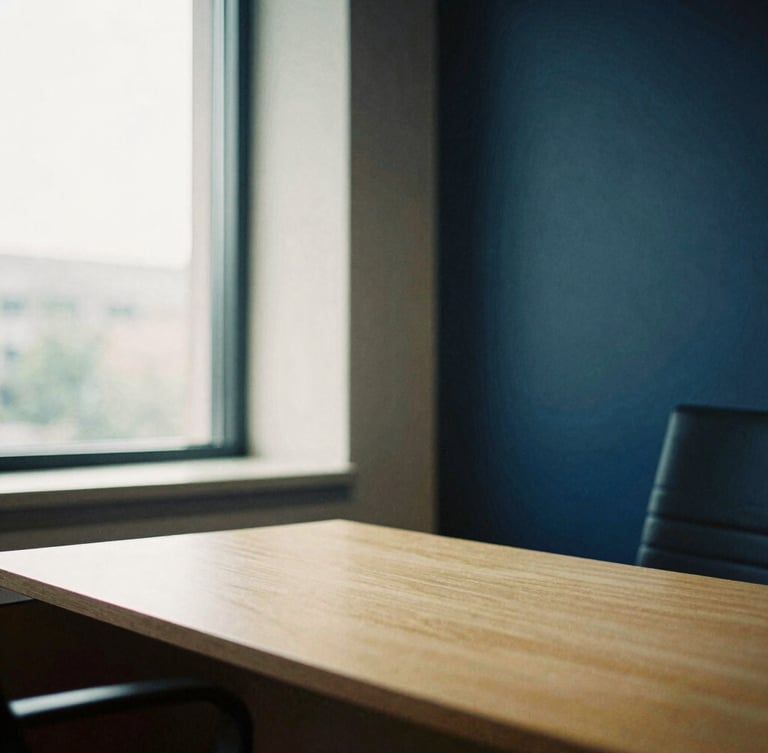 Warm editorial photography of a modern, sunlit law office interior, soft natural light through a window, deep navy and sand tones, 35mm