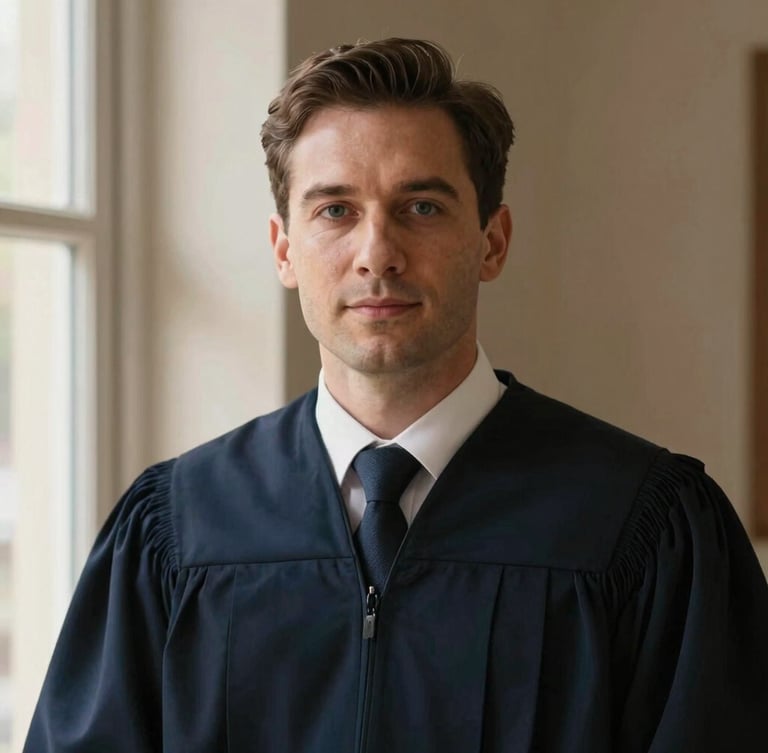 Warm editorial portrait of a professional lawyer looking directly at the camera with a confident, calm expression, soft natural window light, 35mm
