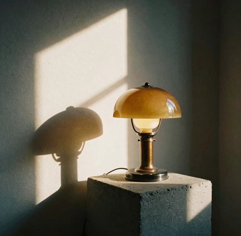 Moody editorial photograph of a curved amber glass table lamp lit on a raw concrete pedestal, deep soft-edged shadows, natural late-afternoon light, 35mm film.