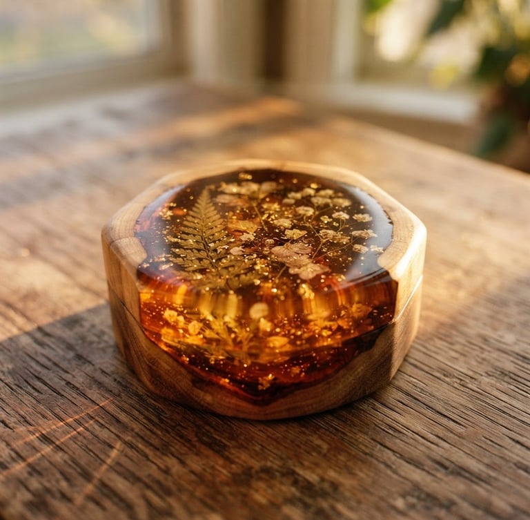 Gros plan sur un écrin en résine époxy et bois, la résine ambrée translucide captant la lumière rasante du soleil couchant, des inclusions botaniques et des paillettes dorées visibles, posé sur une table en bois rustique, profondeur de champ peu profonde, 35mm.
