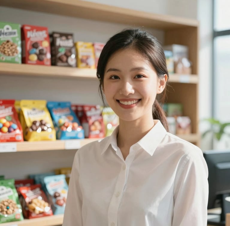 Close-up of a friendly sales operator smiling in a bright, sunlit office, with boxes of colorful wholesale candies and chocolates stacked neatly on wooden shelves behind.