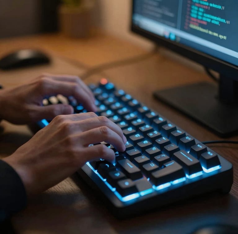 A close-up of a software developer's hands typing on a mechanical keyboard, illuminated by the cool blue glow of code on a screen, with warm amber ambient light in the background, sharp focus.