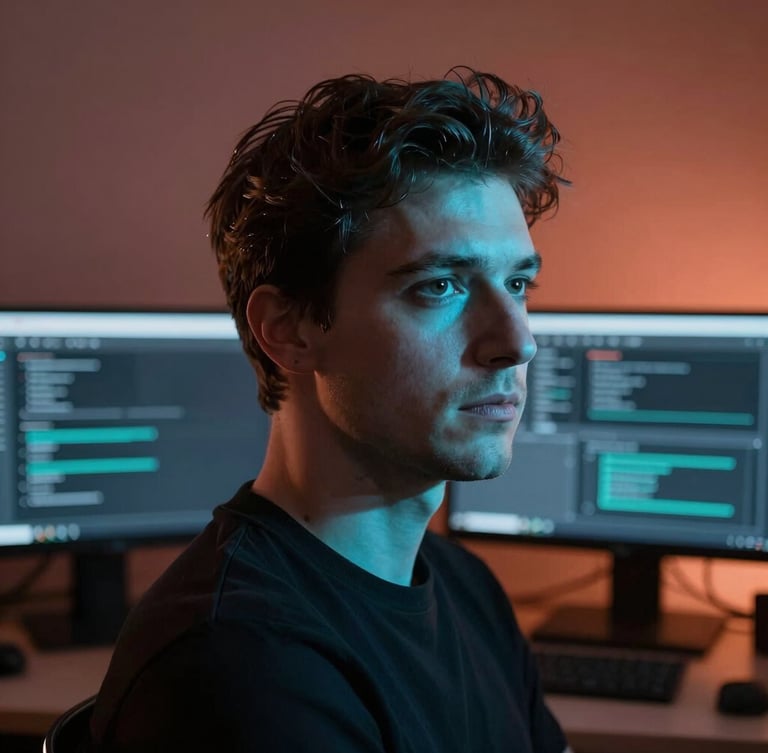 Dramatic portrait of a software architect in deep focus, cool cyan light from dual screens illuminating one side of their face, warm terracotta ambient light in the background, professional studio lighting.