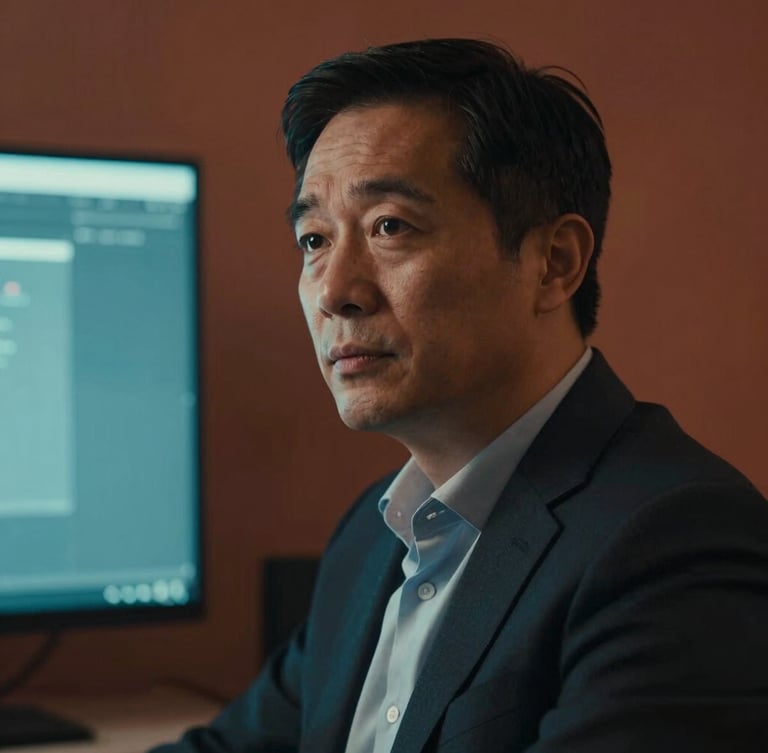 Intimate candid medium-close-up of a corporate leader in deep focus, illuminated by the cool cyan glow of a screen mixed with warm terracotta ambient light in a dark room.