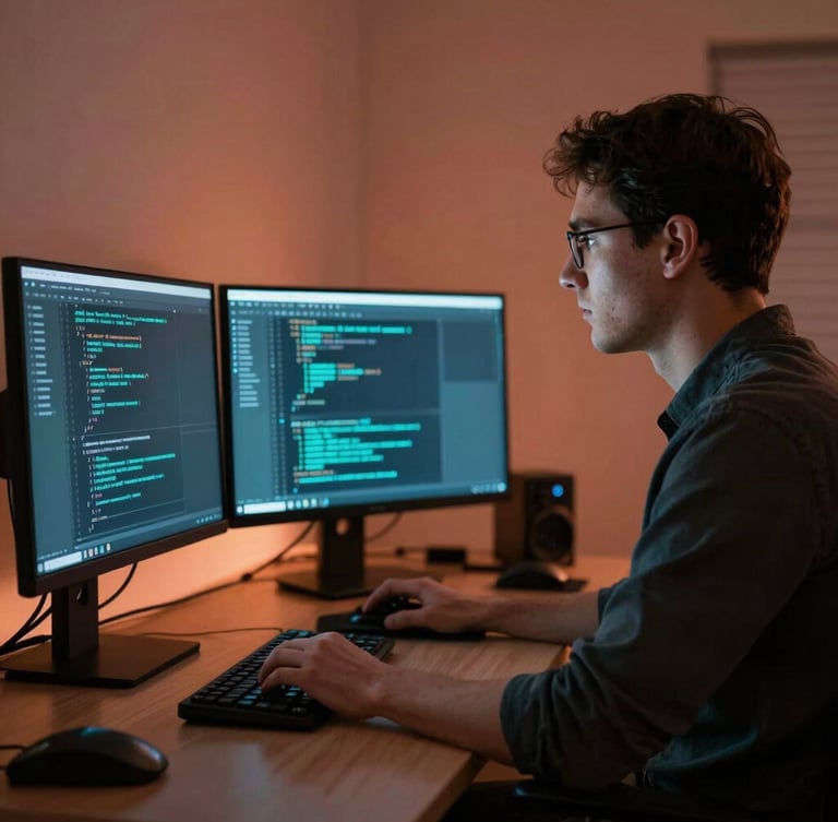 Dramatic chiaroscuro medium shot of a software developer looking at code screens reflecting electric cyan light, warm terracotta ambient light in the background, high contrast, professional atmosphere.
