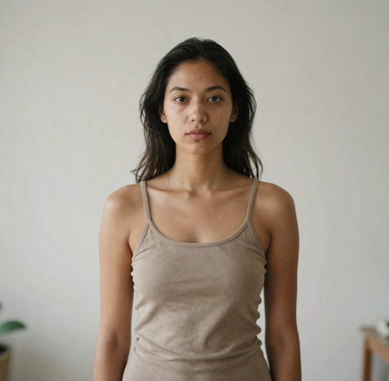 An intimate portrait of practitioner Pyara Marie in a serene, naturally lit studio, soft daylight, muted earth tones, minimalist composition, 35mm.