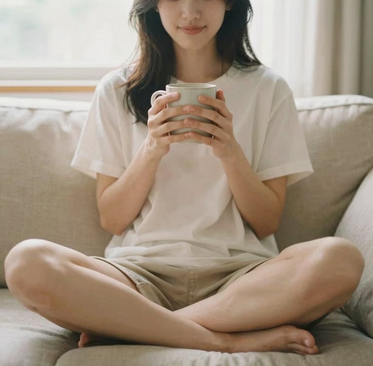A relaxed woman sitting cross-legged on a cozy warm beige sofa, holding a ceramic mug in both hands, soft morning light filtering through a window, shallow depth of field, 35mm film style.