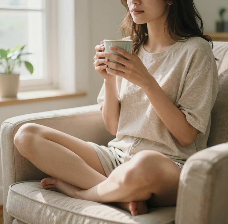 A relaxed woman sitting cross-legged on a cozy beige armchair, holding a warm ceramic mug, soft diffused morning light streaming through a window with a green plant in the background, shallow depth of field, 35mm film style