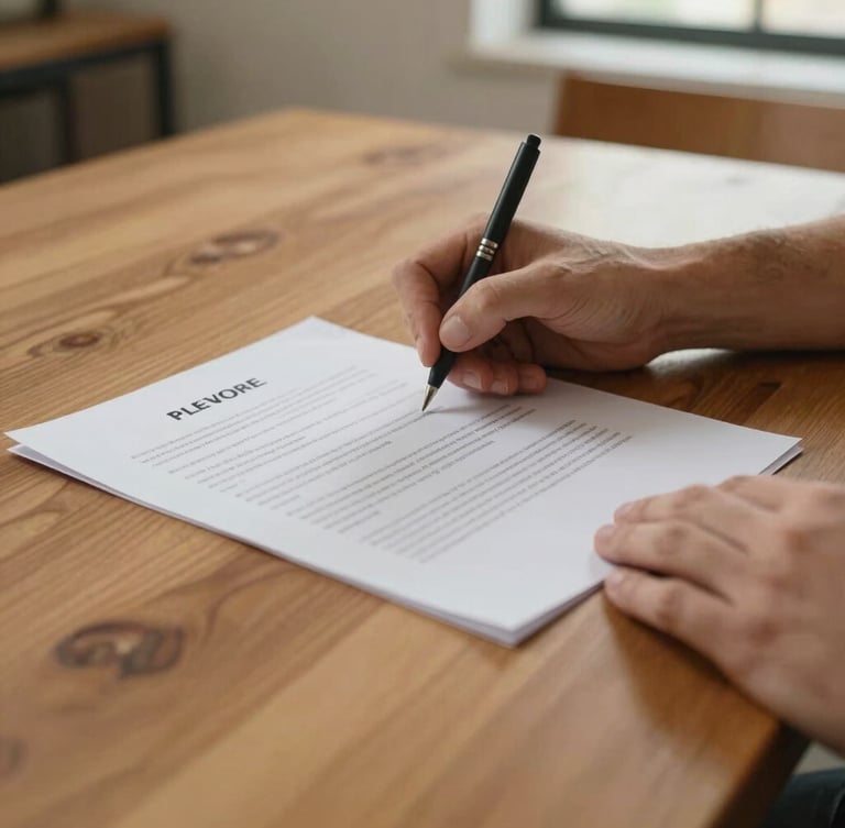 Warm editorial photography of a close-up of hands signing clean closing documents on a warm wooden table, soft natural daylight, authentic residential setting, 35mm lens